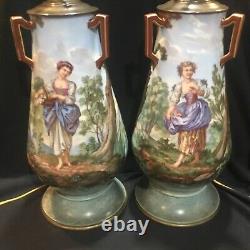 Beautiful Pair Antique French Sevres Limoges or Porcelain Table Lamps Signed