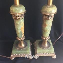Beautiful Pair Antique Green Onyx & Brass Art Deco Table Lamps Signed New York