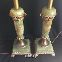Beautiful Pair Antique Green Onyx & Brass Art Deco Table Lamps Signed New York