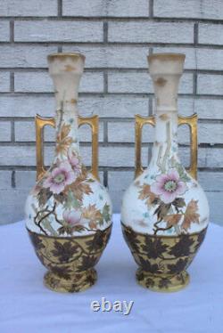 Beautiful Pair of Antique Royal Bonn Hand-Painted Colorful Vases Signed