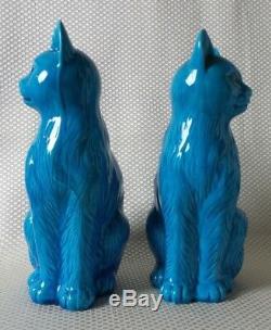 Beautiful Pair of Vintage Blue Glazed Chinese Porcelain Cat Figurines Signed