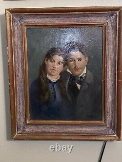 Beautiful Vintage Framed Oil Painting Portrait Of Couple On Canvas Signed