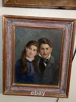 Beautiful Vintage Framed Oil Painting Portrait Of Couple On Canvas Signed