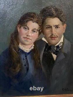 Beautiful Vintage Framed Oil Painting Portrait Of Couple On Canvas Signed