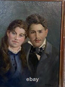 Beautiful Vintage Framed Oil Painting Portrait Of Couple On Canvas Signed