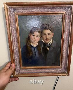 Beautiful Vintage Framed Oil Painting Portrait Of Couple On Canvas Signed