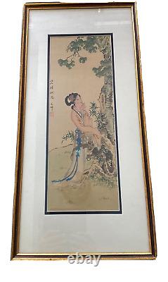 Beautiful Vintage Pair Original Watercolor Chinese Beauties Signed Framed