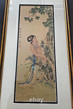 Beautiful Vintage Pair Original Watercolor Chinese Beauties Signed Framed