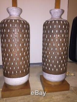 Bitossi Signed Italy 1960s Incised Brown Pottery Mid Century Lamp Pair