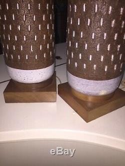 Bitossi Signed Italy 1960s Incised Brown Pottery Mid Century Lamp Pair