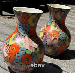 Bohemian Czech PAIR Vases Pottery 1920's Deco Signed 7 3/4H