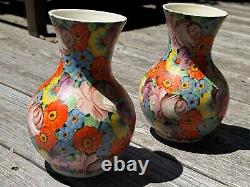 Bohemian Czech PAIR Vases Pottery 1920's Deco Signed 7 3/4H