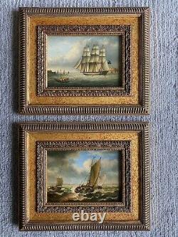 British School Pair Maritime Seascape paintings in antique style signed