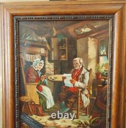 C1850 Cottage Folk Couple Hearth William Cook ANTIQUE art Signed Oil Painting