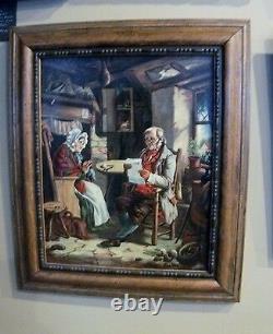 C1850 Cottage Folk Couple Hearth William Cook ANTIQUE art Signed Oil Painting