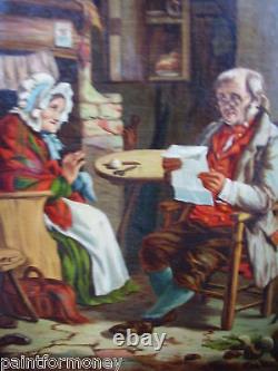 C1850 Cottage Folk Couple Hearth William Cook ANTIQUE art Signed Oil Painting