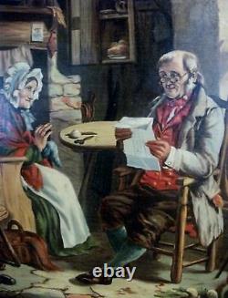 C1850 Cottage Folk Couple Hearth William Cook ANTIQUE art Signed Oil Painting