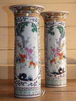 CHINESE PAIR Fine Quality Signed 19th Century Cylindrical FAMILLE VERTE VASES