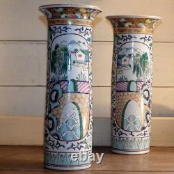 CHINESE PAIR Fine Quality Signed 19th Century Cylindrical FAMILLE VERTE VASES