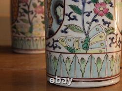 CHINESE PAIR Fine Quality Signed 19th Century Cylindrical FAMILLE VERTE VASES