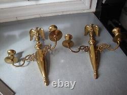 CM Signed Brass Double Arm Candlestick Wall Sconces Full Body Eagles 11.75x 10