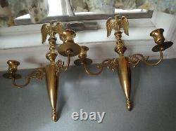 CM Signed Brass Double Arm Candlestick Wall Sconces Full Body Eagles 11.75x 10