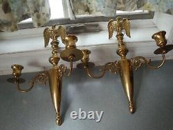 CM Signed Brass Double Arm Candlestick Wall Sconces Full Body Eagles 11.75x 10