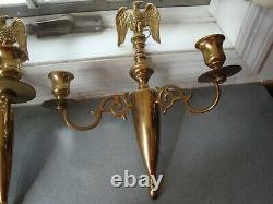 CM Signed Brass Double Arm Candlestick Wall Sconces Full Body Eagles 11.75x 10