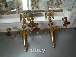 CM Signed Brass Double Arm Candlestick Wall Sconces Full Body Eagles 11.75x 10