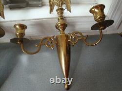 CM Signed Brass Double Arm Candlestick Wall Sconces Full Body Eagles 11.75x 10