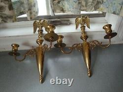 CM Signed Brass Double Arm Candlestick Wall Sconces Full Body Eagles 11.75x 10