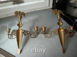 CM Signed Brass Double Arm Candlestick Wall Sconces Full Body Eagles 11.75x 10