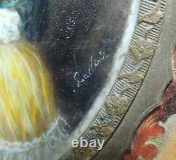 COUPLE Antique Miniature PORTRAIT Painting Faux Tortoise Shell Frame Signed