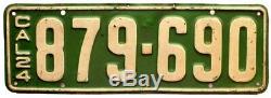 California 1924 License Plate Pair, 879-690, DMV Clear, YOM, Original Paint
