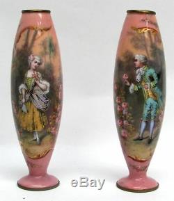 Charming Pair Of Antique Viennese Austrian Enamel Bronze 6 Vases Signed Paolo