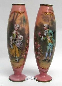 Charming Pair Of Antique Viennese Austrian Enamel Bronze 6 Vases Signed Paolo