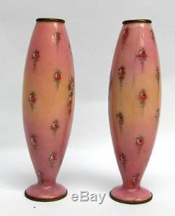 Charming Pair Of Antique Viennese Austrian Enamel Bronze 6 Vases Signed Paolo