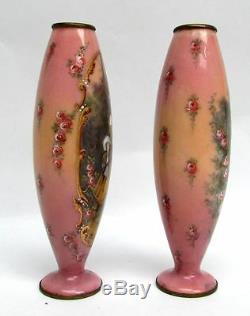 Charming Pair Of Antique Viennese Austrian Enamel Bronze 6 Vases Signed Paolo