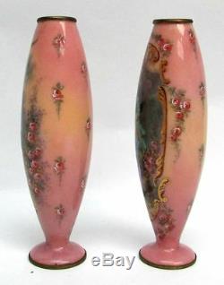 Charming Pair Of Antique Viennese Austrian Enamel Bronze 6 Vases Signed Paolo