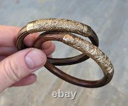 Chinese Antique Silver Gilt & Bamboo Wood Pair of Bangles Bracelets Signed QING