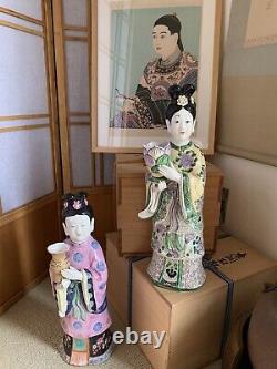 Chinese Export Porcelain Court Maiden Pair Lady Candle Holders Hand Painted 19