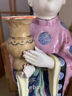 Chinese Export Porcelain Court Maiden Pair Lady Candle Holders Hand Painted 19