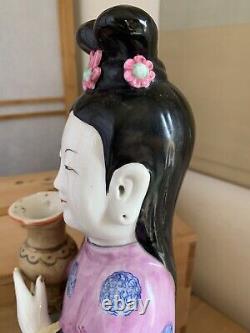 Chinese Export Porcelain Court Maiden Pair Lady Candle Holders Hand Painted 19