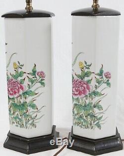 Chinese Painted Porcelain Signed Table Lamps Pair Vintage Floral Famille Rose