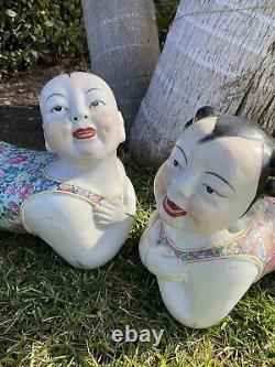 Chinese Porcelain Girl Boy Pillow Headrest Rose Famille Vintage Signed Pair