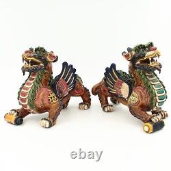 Chinese Qilin Mythical Beasts Statues Pair in Glazed Porcelain