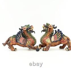 Chinese Qilin Mythical Beasts Statues Pair in Glazed Porcelain