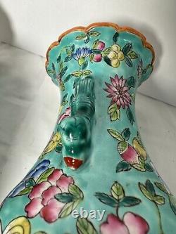 Chinese Turquoise Ground Famille Rose Porcelain Vase Pair Signed