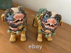 Chinese Vintage Colorful Pair of Ceramic Signed Foo Dogs