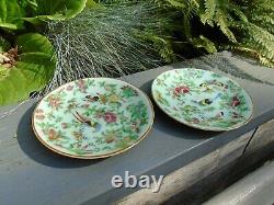 Chinese pair of Tongzhi celadon hand painted plates with makers mark to back